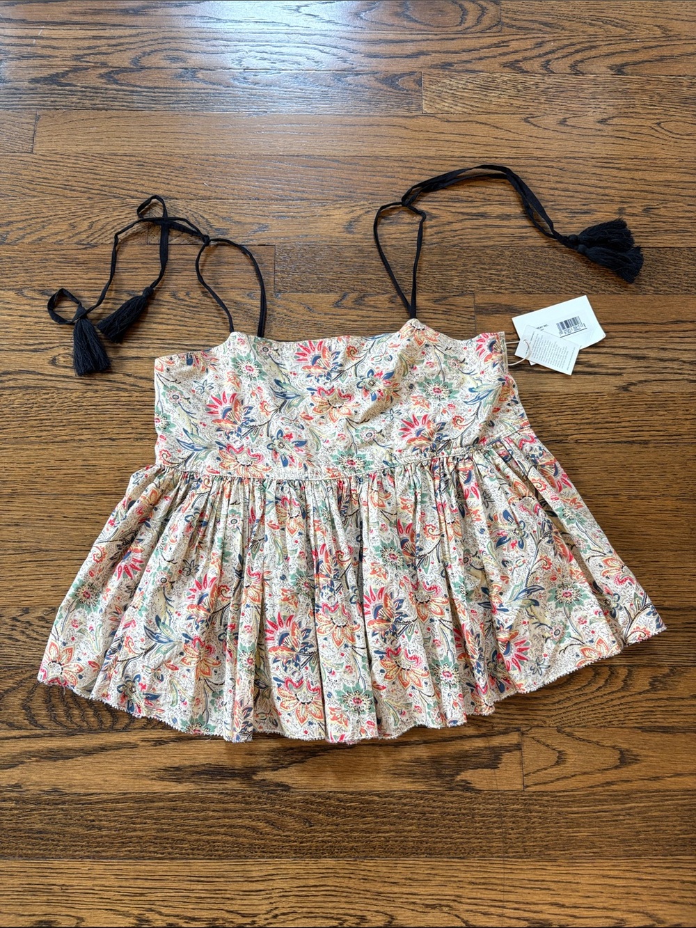 The Great. The Dainty NWT floral print top  with Black Tassel Straps, 0